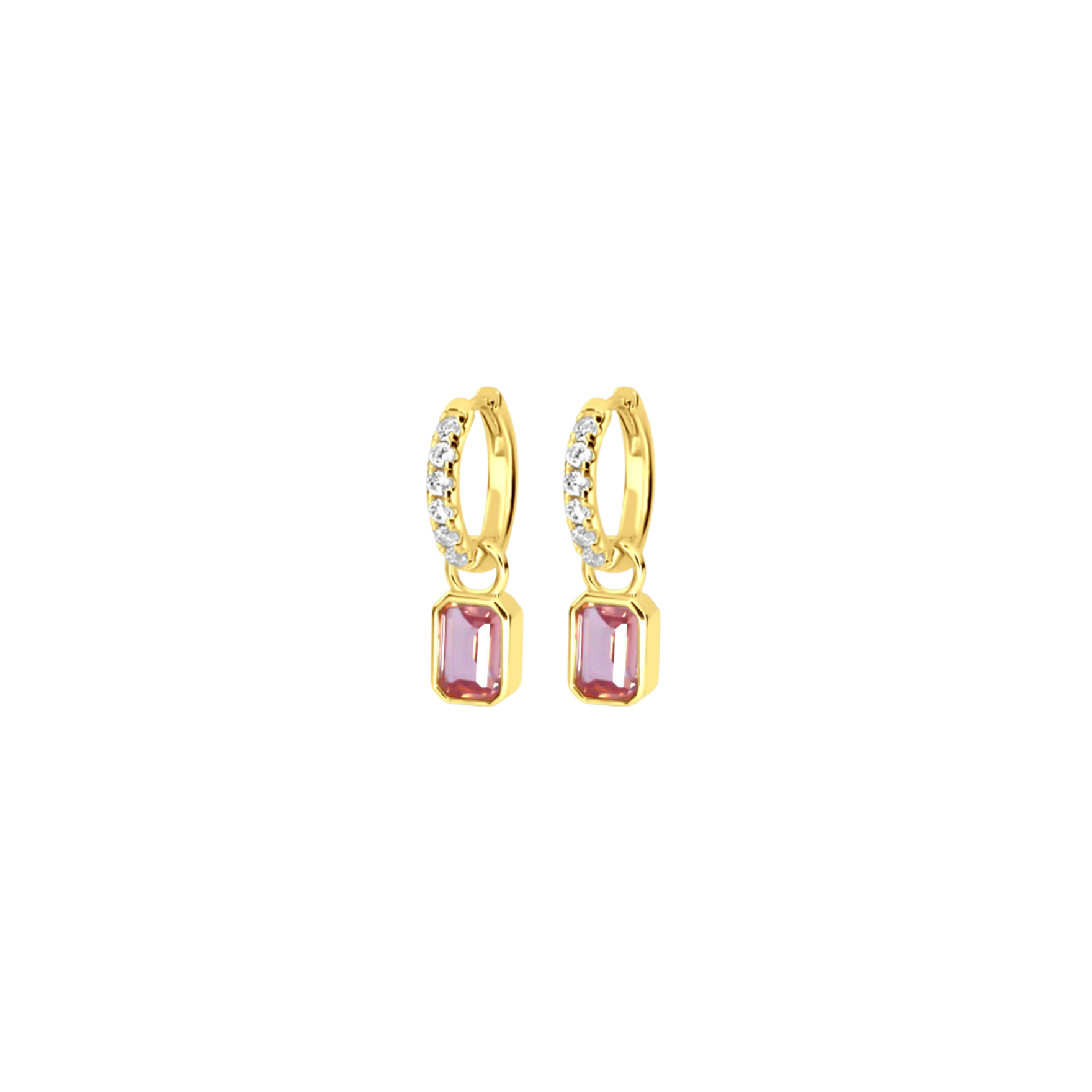 Blush Lilac Gold hoop earrings with pink gemstones on a white background. Available at Be Charmed