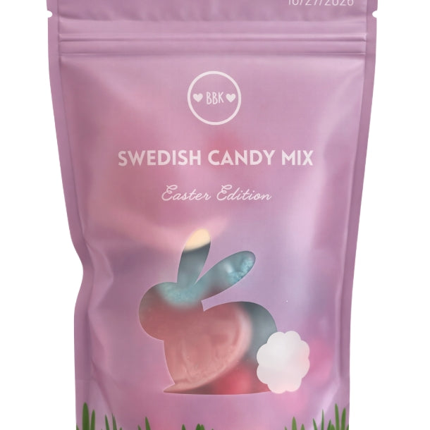 Purple package of Boca Bear Kids Swedish candy mix with Easter bunny design on a white background. Available at Be Charmed
