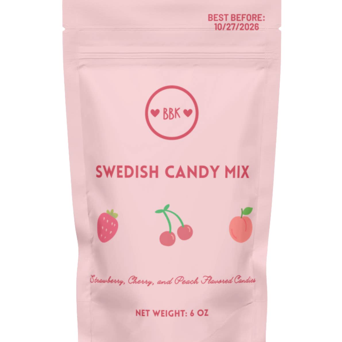 Pink package of Swedish candy mix with BBK branding on a white background. Available at Be Charmed
