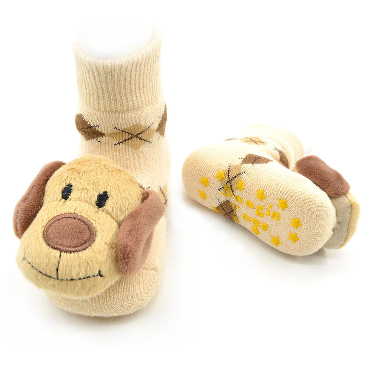 Baby socks with dog design on a white background. Available at Be Charmed