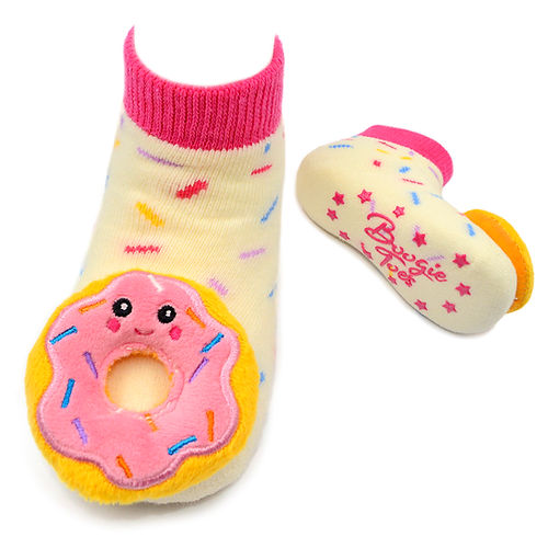 Children's socks with a donut design on a white background.  Available at Be Charmed