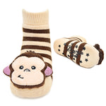 Children's monkey-themed socks with striped design on a white background. Available at Be Charmed
