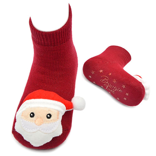 Red baby sock with Santa face design on a white background. Available at Be Charmed