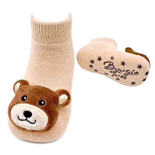 Baby socks with bear face design and matching booties on a white background. Available at Be Charmed
