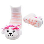 Baby sock with cartoon face and pink bow, and matching bootie with star pattern on a white background. Available at Be Charmed