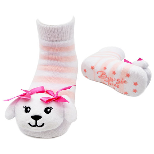 Baby sock with cartoon face and pink bow, and matching bootie with star pattern on a white background. Available at Be Charmed