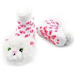 White socks with pink paw prints and cat face design on a white background. Available at Be Charmed