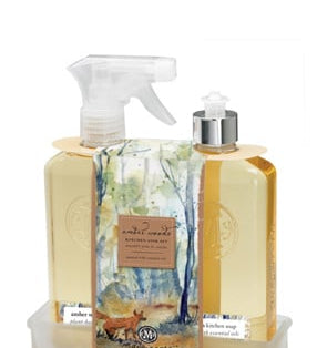 Boston International Amber Woods Kitchen Sink Set – soap, wash & foaming wash trio with amber scent—available at Be Charmed.