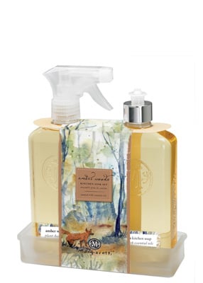Boston International Amber Woods Kitchen Sink Set – soap, wash & foaming wash trio with amber scent—available at Be Charmed.