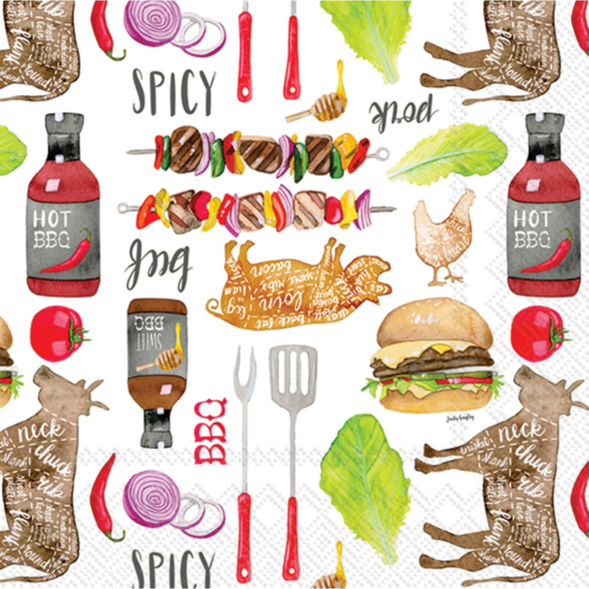 BBQ Pattern cocktail napkins – 3‑ply paper napkins with BBQ grill, buns & sauces design, available at Be Charmed.