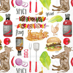 BBQ Pattern cocktail napkins – 3‑ply paper napkins with BBQ grill, buns & sauces design, available at Be Charmed.
