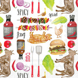 BBQ Pattern cocktail napkins – 3‑ply paper napkins with BBQ grill, buns & sauces design, available at Be Charmed.