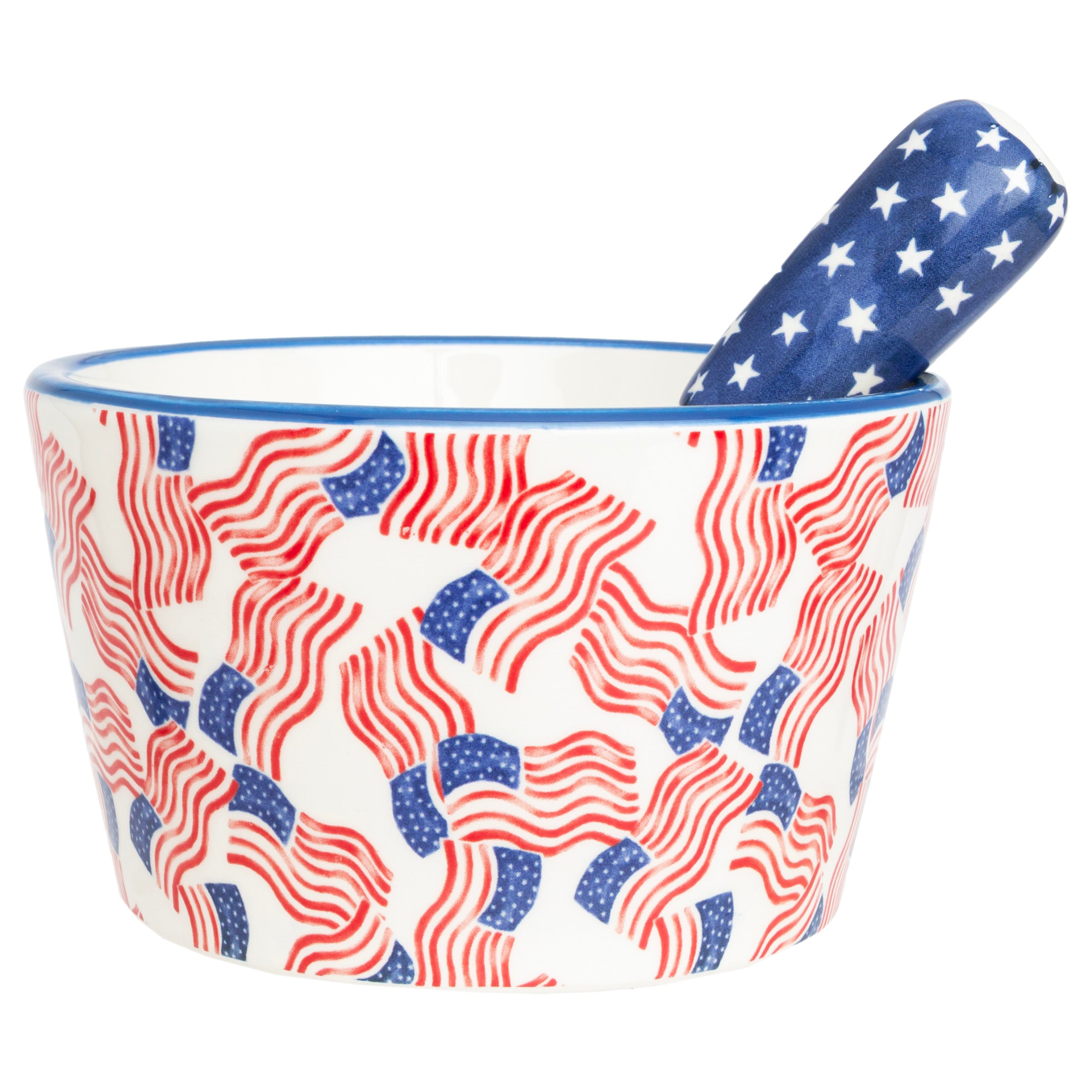 Bowl and spreader with American flag pattern on a white background. Available at Be Charmed