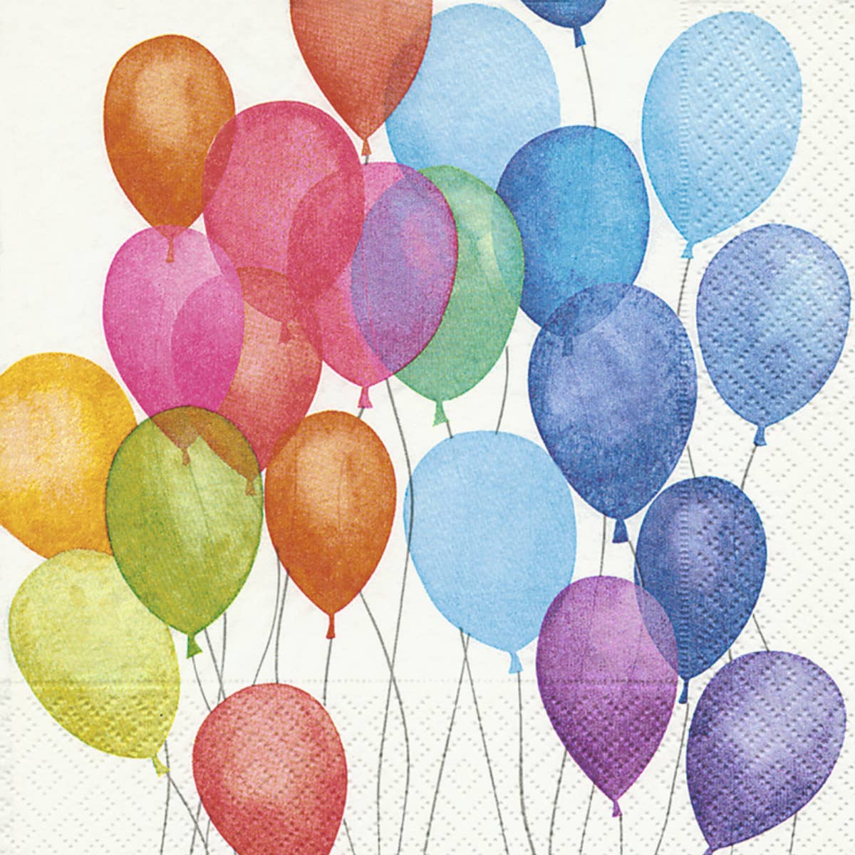 Bright Balloons cocktail napkins – colorful balloon print on 3‑ply napkins, available at Be Charmed.