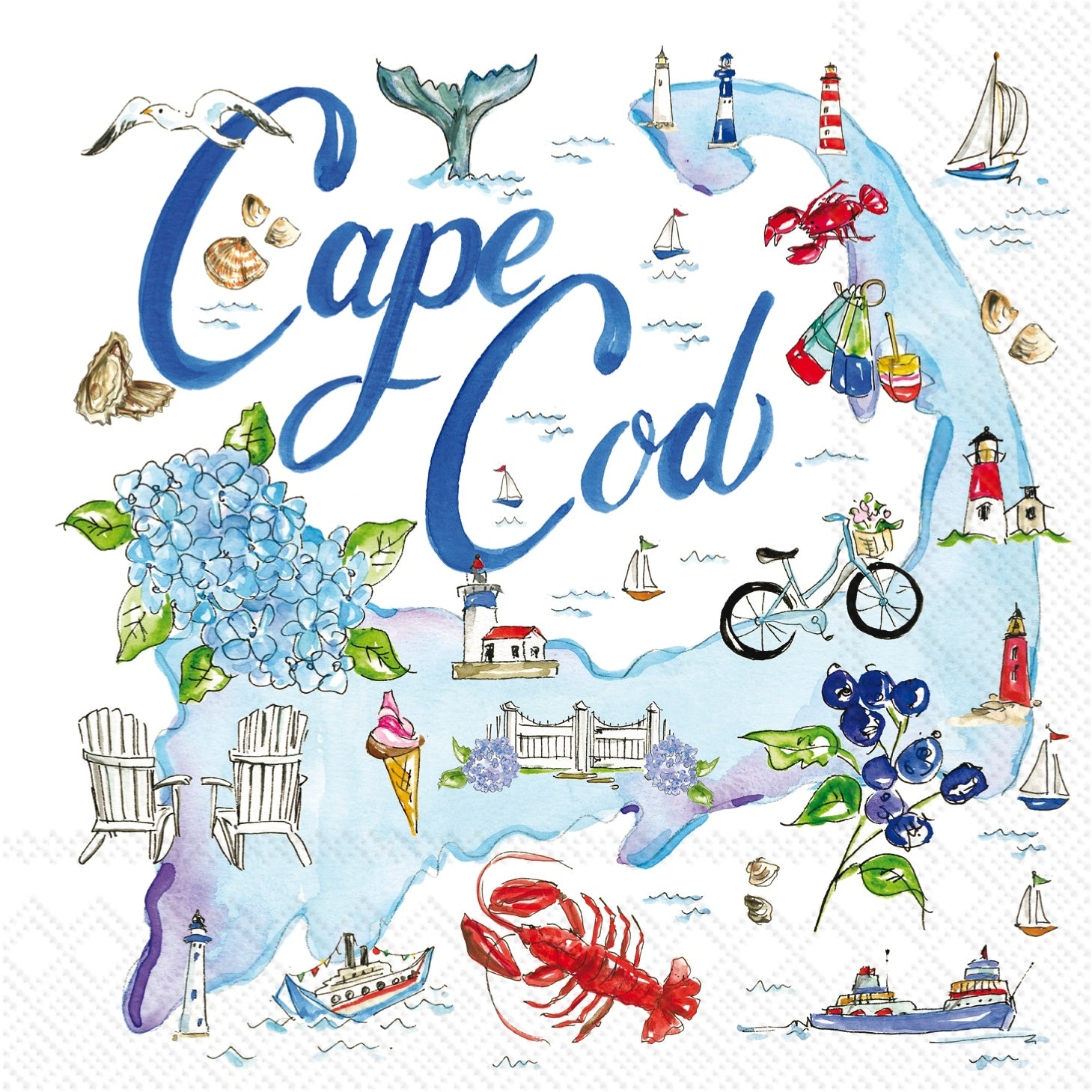 Cape Cod Mass Boston International 3‑ply cocktail napkins, water‑based ink coastal design—available at Be Charmed.