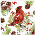 A decorative paper napkin featuring an illustration of a red bird, possibly a cardinal, perched on holly with berries and pine needles in the background. Available at Be Charmed