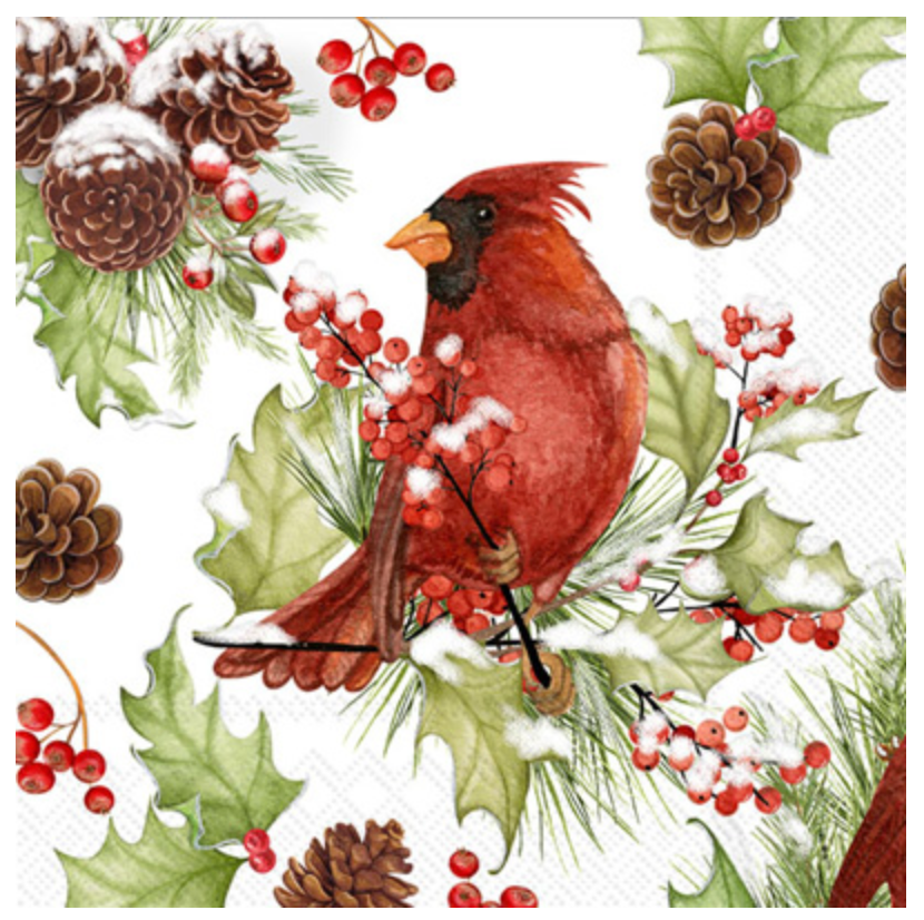 A decorative paper napkin featuring an illustration of a red bird, possibly a cardinal, perched on holly with berries and pine needles in the background. Available at Be Charmed