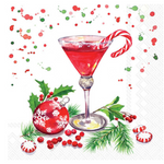 Boston International Christmas Martini cocktail napkins featuring festive martini glass with holly and candy cane stirrer on 3‑ply paper, available at Be Charmed.