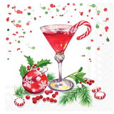 Boston International Christmas Martini cocktail napkins featuring festive martini glass with holly and candy cane stirrer on 3‑ply paper, available at Be Charmed.