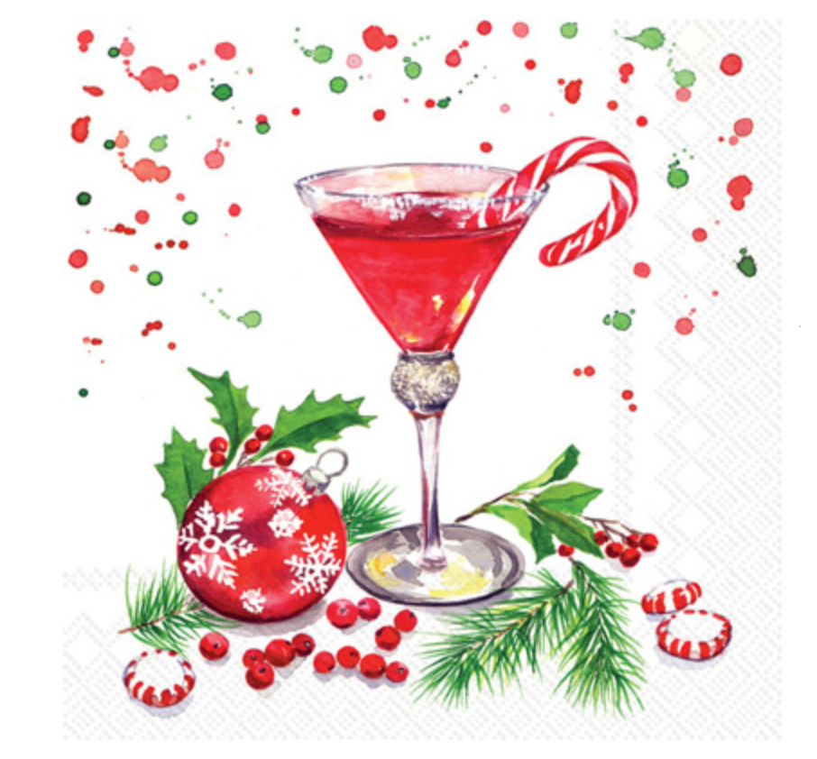 Boston International Christmas Martini cocktail napkins featuring festive martini glass with holly and candy cane stirrer on 3‑ply paper, available at Be Charmed.