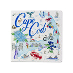 Ceramic coaster with illustrations of Cape Cod landmarks and text on a white background. Available at Be Charmed