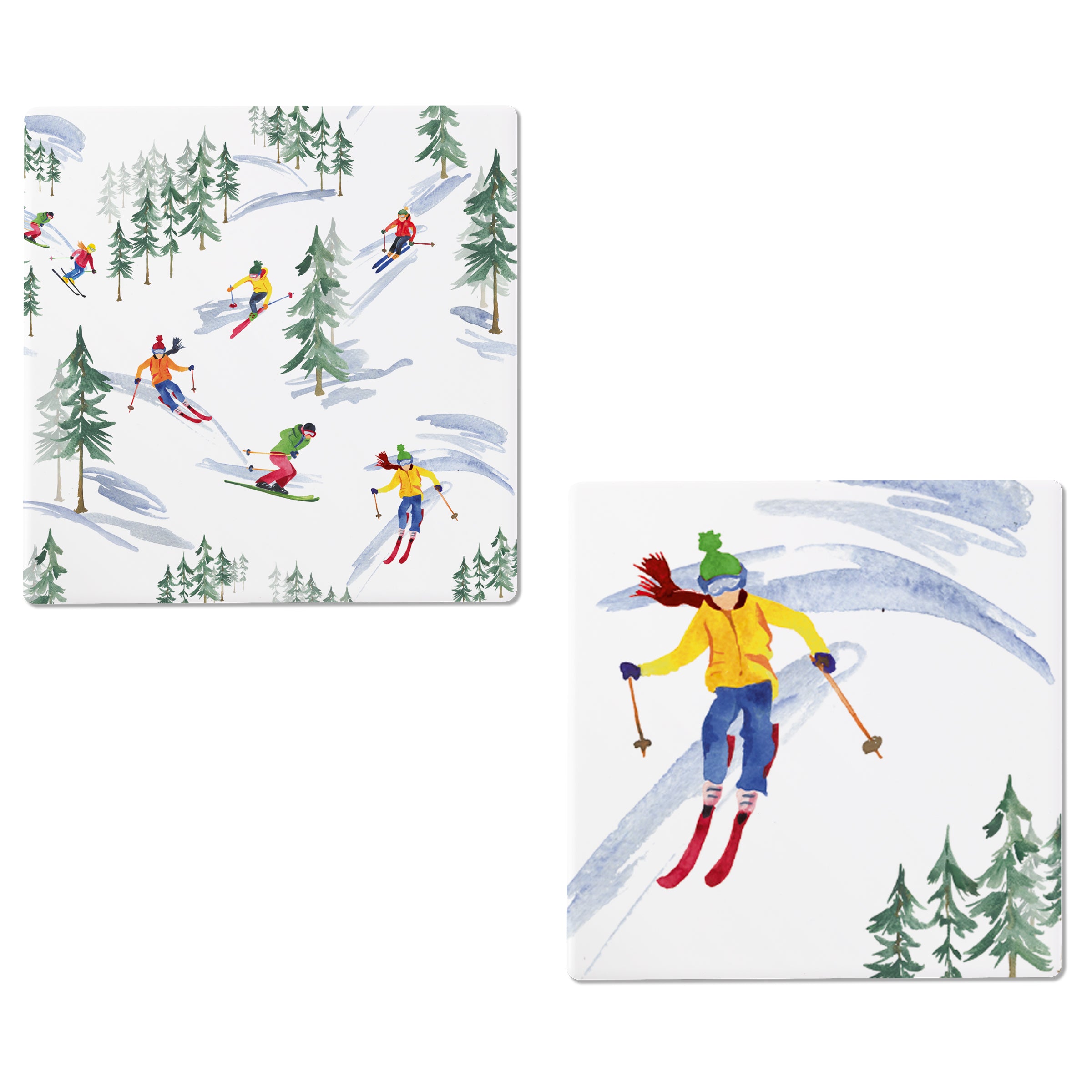 Two coasters with skiing designs on a white background. Sold individually. Available at Be Charmed. 