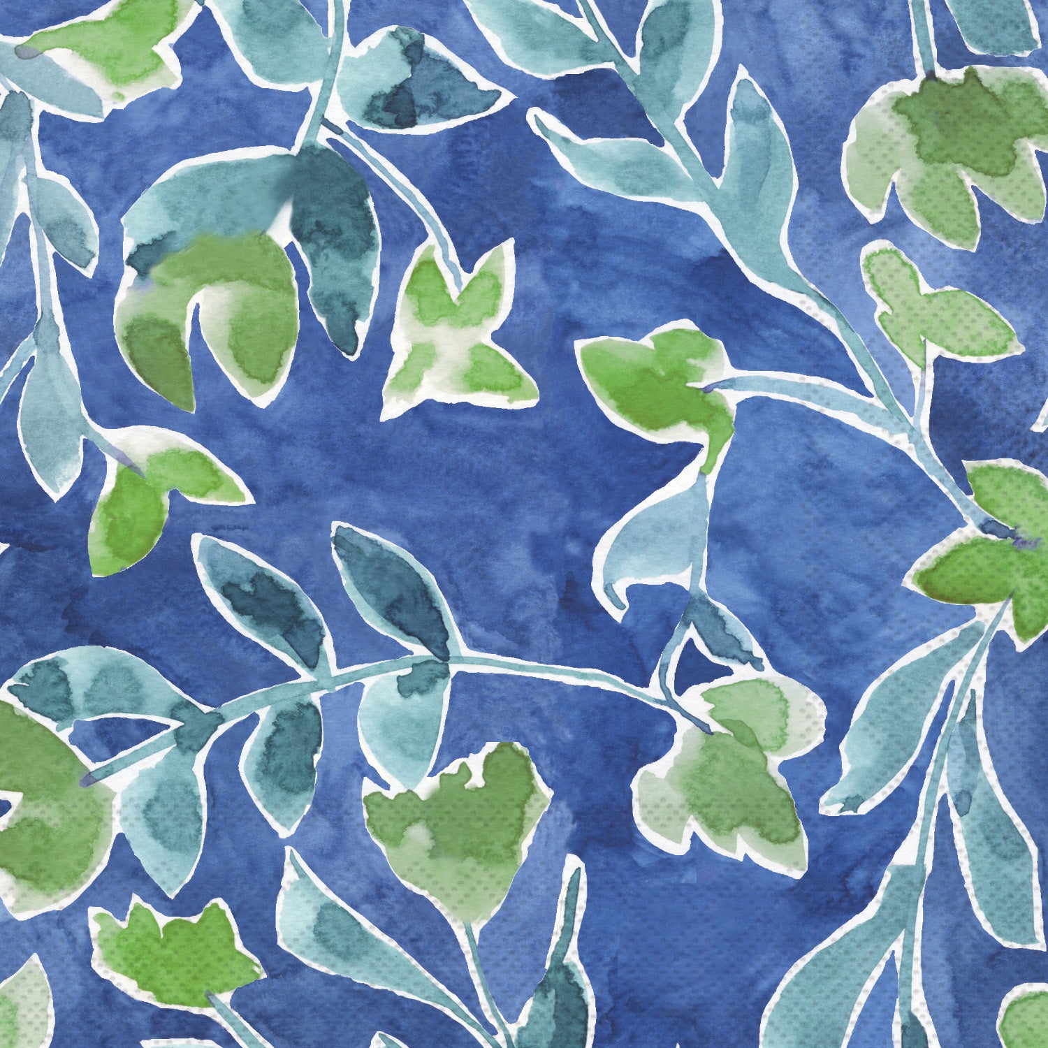 Napkins with a pattern of green leaves on a blue background. Available at Be Charmed
