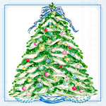 Colorful Christmas tree with ornaments and ribbons on a light blue background paper cocktail napkins. Available at Be Charmed.  