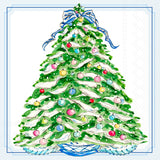 Colorful Christmas tree with ornaments and ribbons on a light blue background paper cocktail napkins. Available at Be Charmed.  