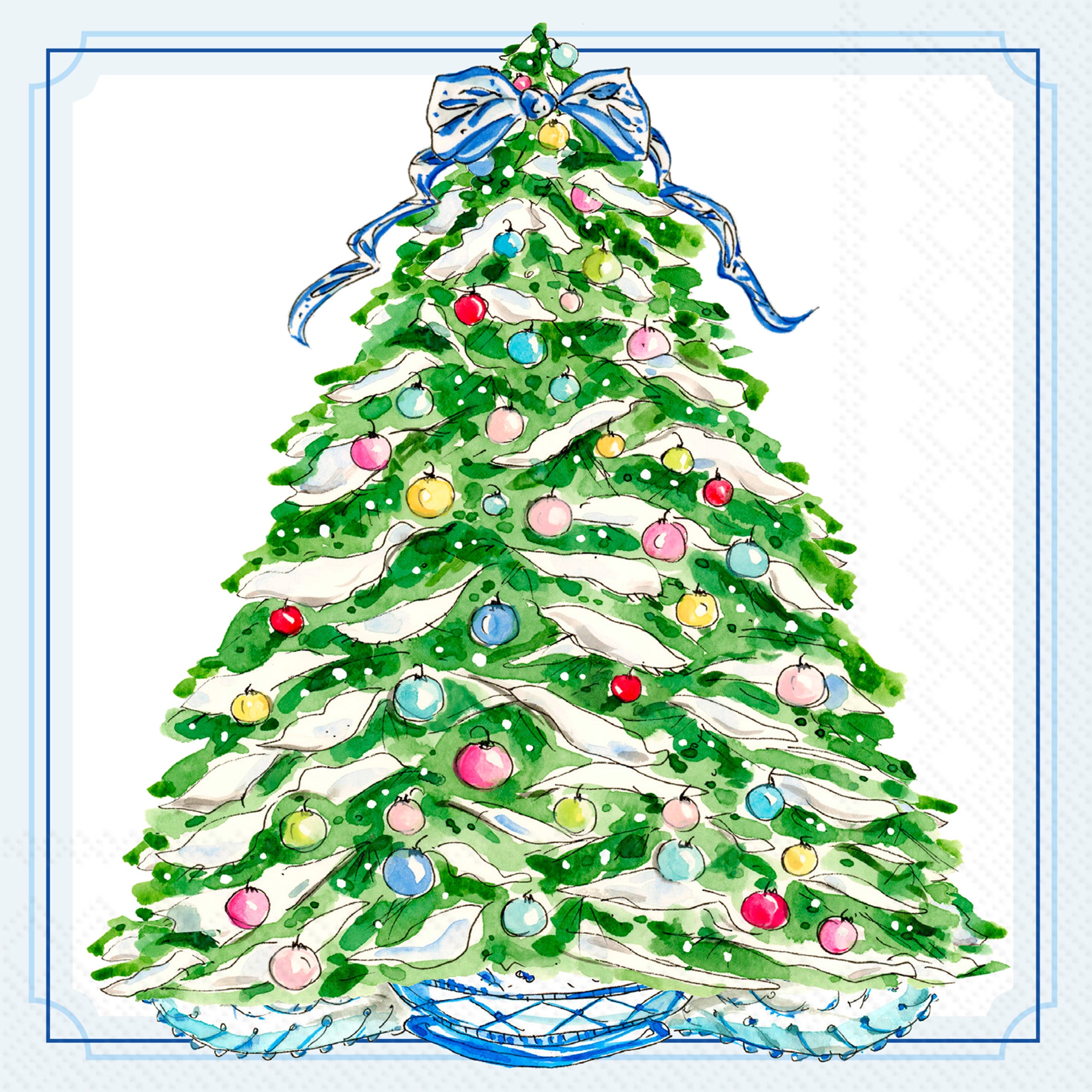 Colorful Christmas tree with ornaments and ribbons on a light blue background paper cocktail napkins. Available at Be Charmed.  