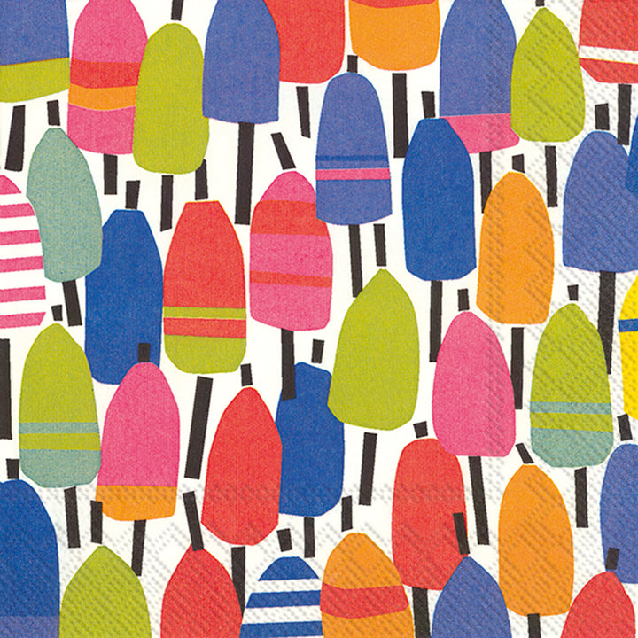 Napkin with colorful buoys on a white background. Available at Be Charmed