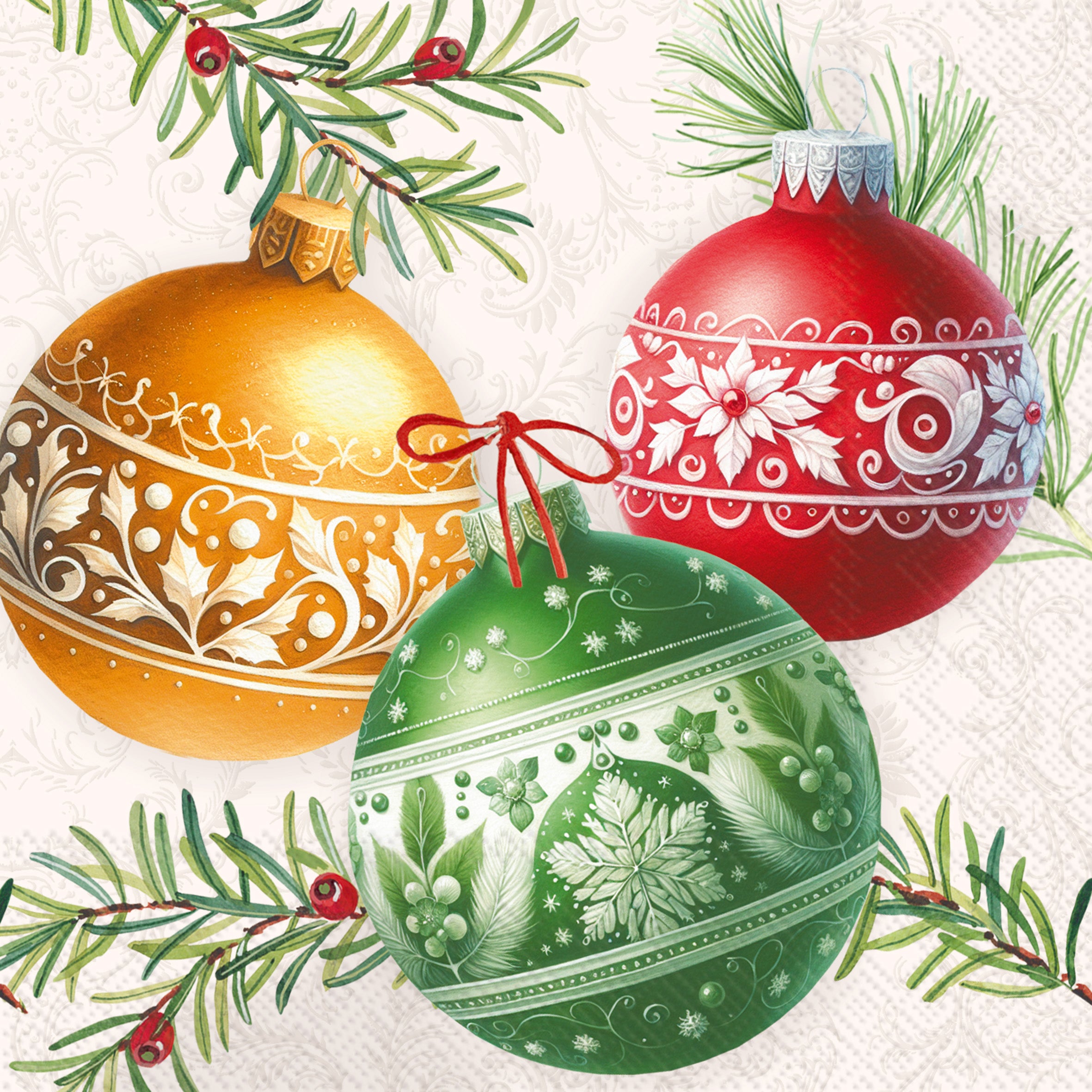 Decorative Christmas ornaments with gold, red, and green colors on a white background with greenery paper cocktail napkin. Available at Be Charmed.