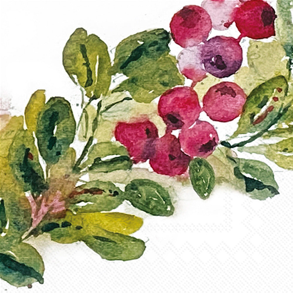 Artistic depiction of berries and leaves on a white background paper cocktail napkins. Available at Be Charmed. 