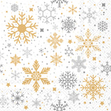 Pattern of gold, silver, and gray snowflakes on a white background paper cocktail napkins. Available at Be Charmed. 