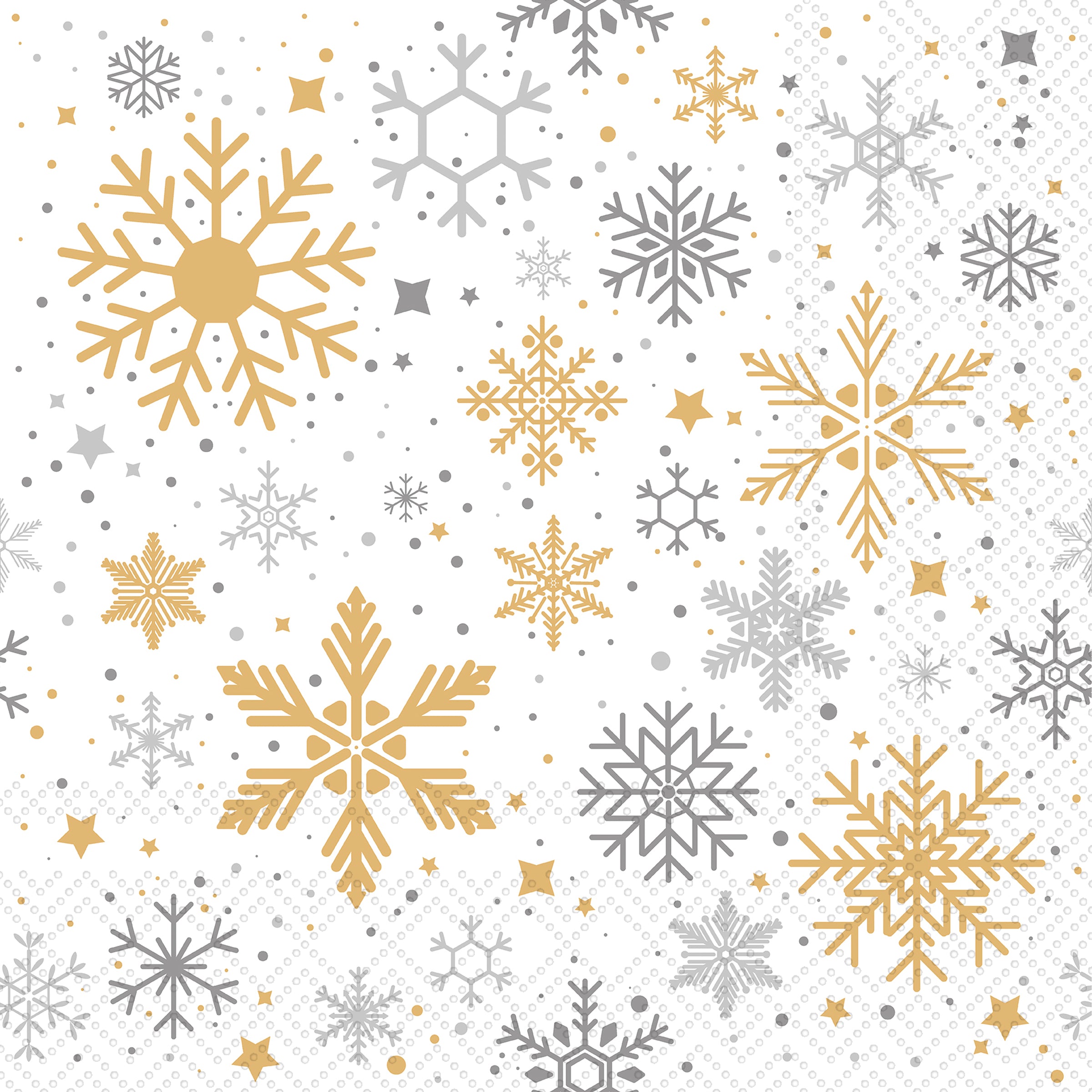 Pattern of gold, silver, and gray snowflakes on a white background paper cocktail napkins. Available at Be Charmed. 