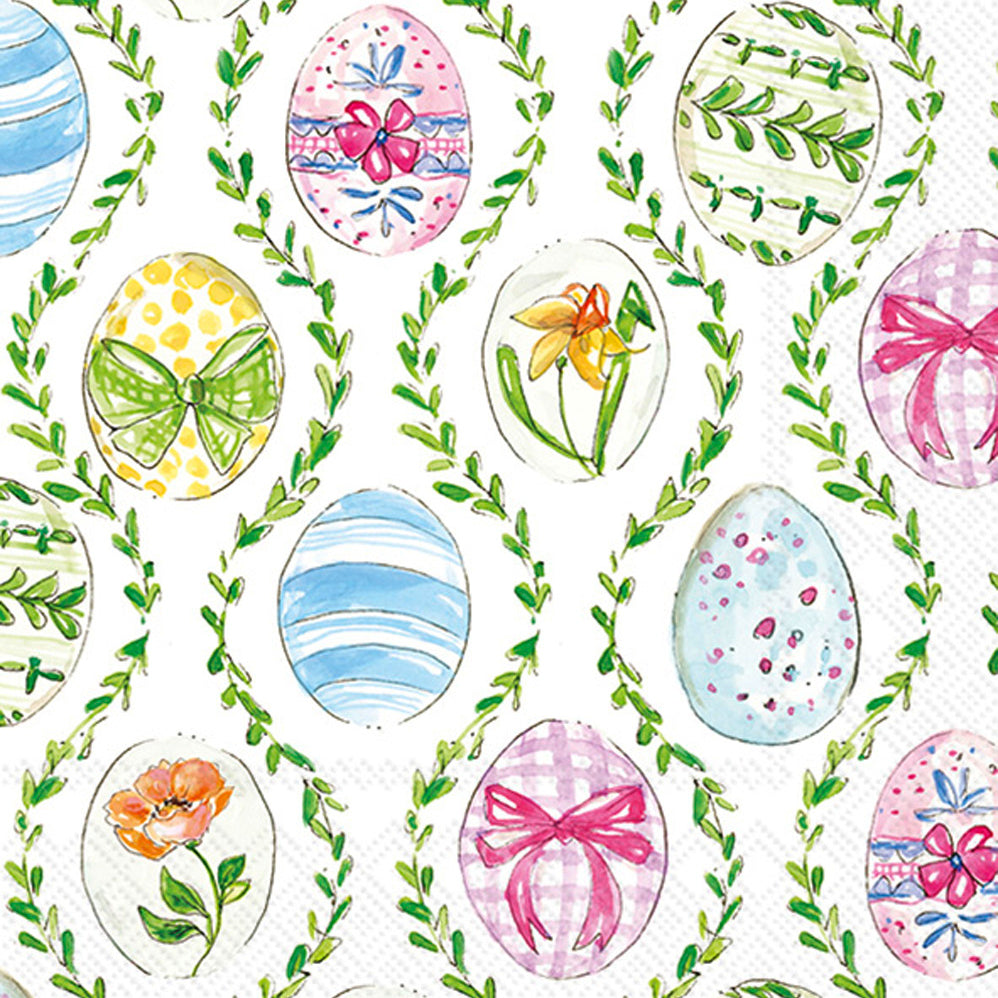 Pattern of Easter eggs with decorative elements on a white background. Available at Be Charmed