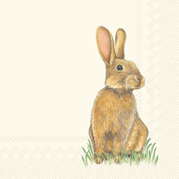 Napkin with a brown rabbit illustration on a white background. Available at Be Charmed