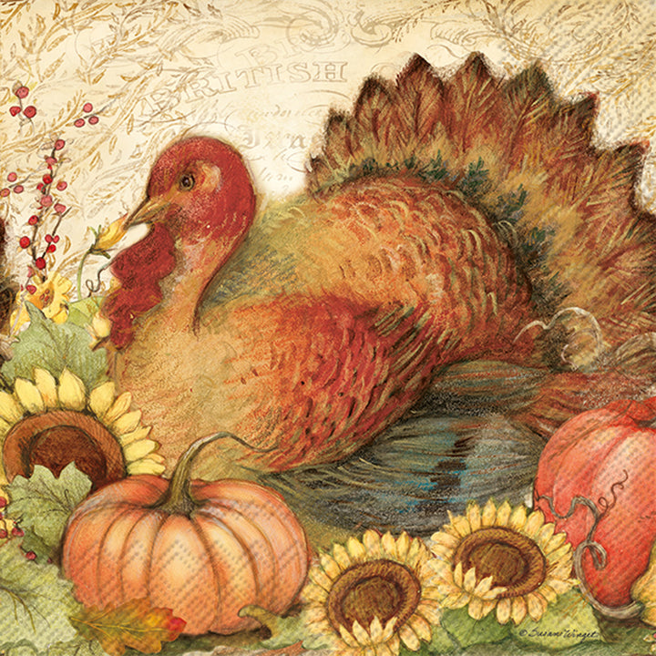 Paper cocktail napkins with a turkey with pumpkins and sunflowers on a textured background. Available at Be Charmed. 