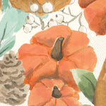 Decorative paper with pumpkins, leaves, and pinecones on a white background. Available at Be Charmed