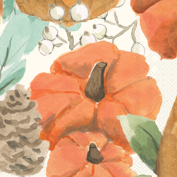 Decorative paper with pumpkins, leaves, and pinecones on a white background. Available at Be Charmed