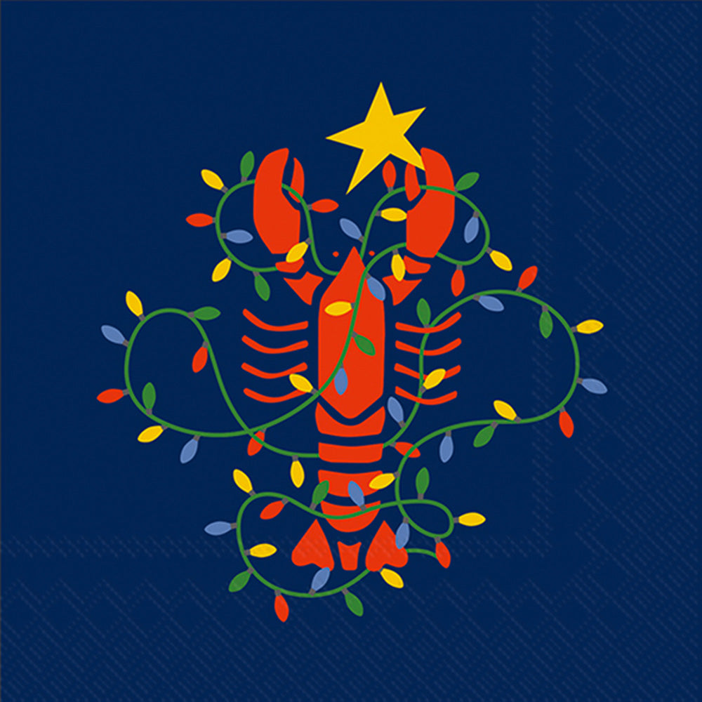 Lobster decorated with Christmas lights and a star on a blue background paper cocktail napkins. Available at Be Charmed. 