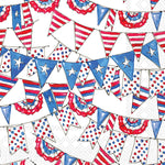 Napkin with a pattern of red, white, and blue flags and banners on a white background. Available at Be Charmed