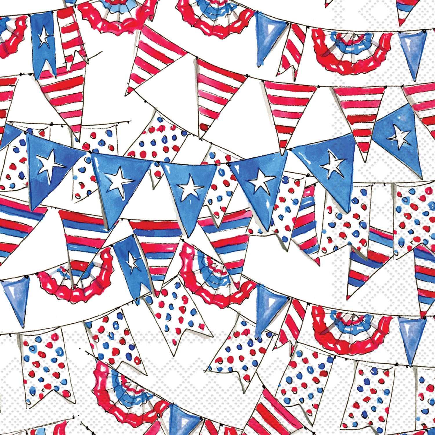 Napkin with a pattern of red, white, and blue flags and banners on a white background. Available at Be Charmed