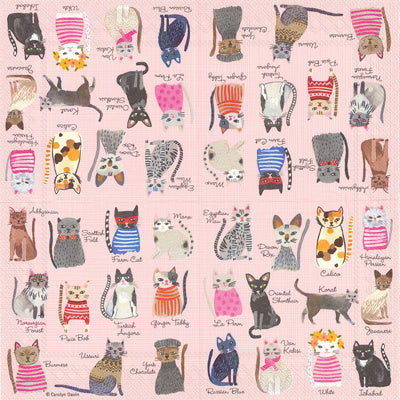 Boston International Cool Cats cocktail napkins featuring colorful illustrated cat faces and breeds on 3‑ply paper, available at Be Charmed.
