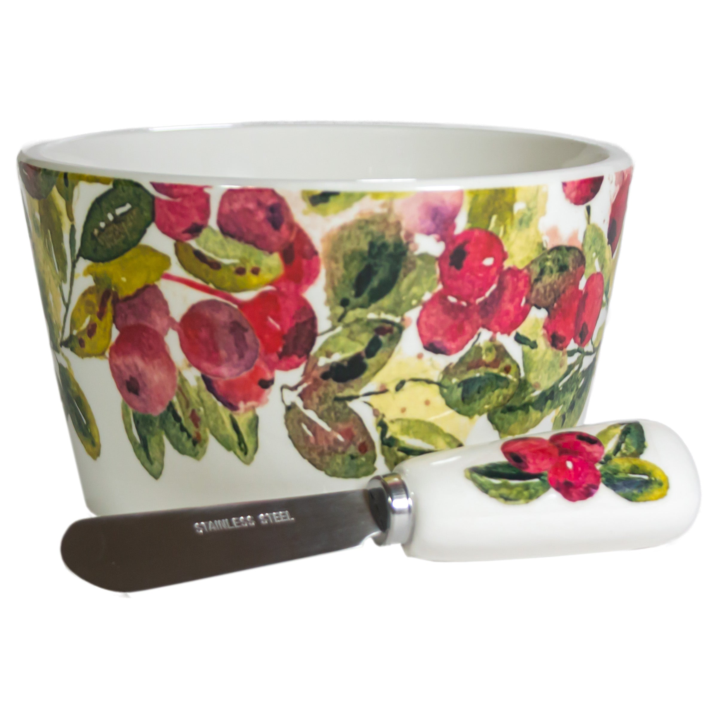 Decorative bowl with cranberry leaf pattern and matching spoon on a white background. Available at Be Charmed.