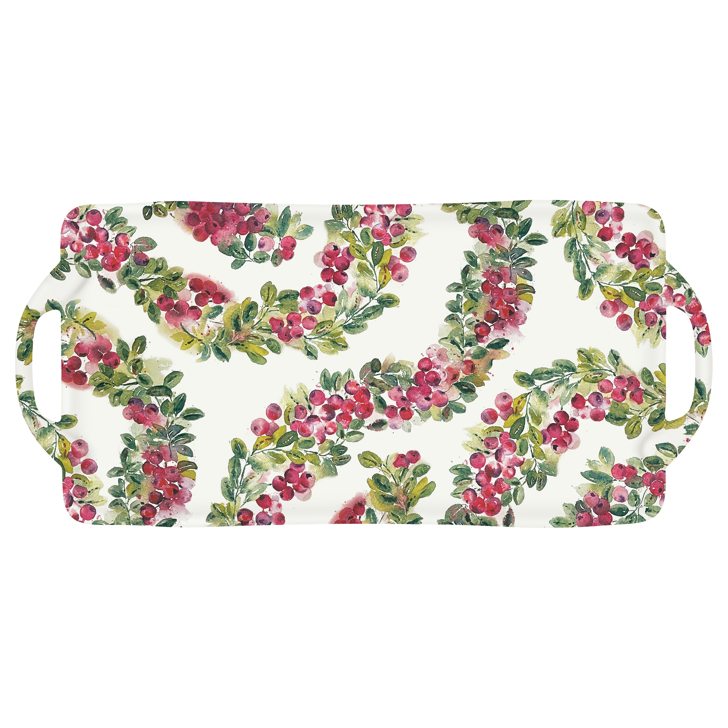 Cranberry Wreath Patterned Melamine Tray on a white background. Available at Be Charmed.