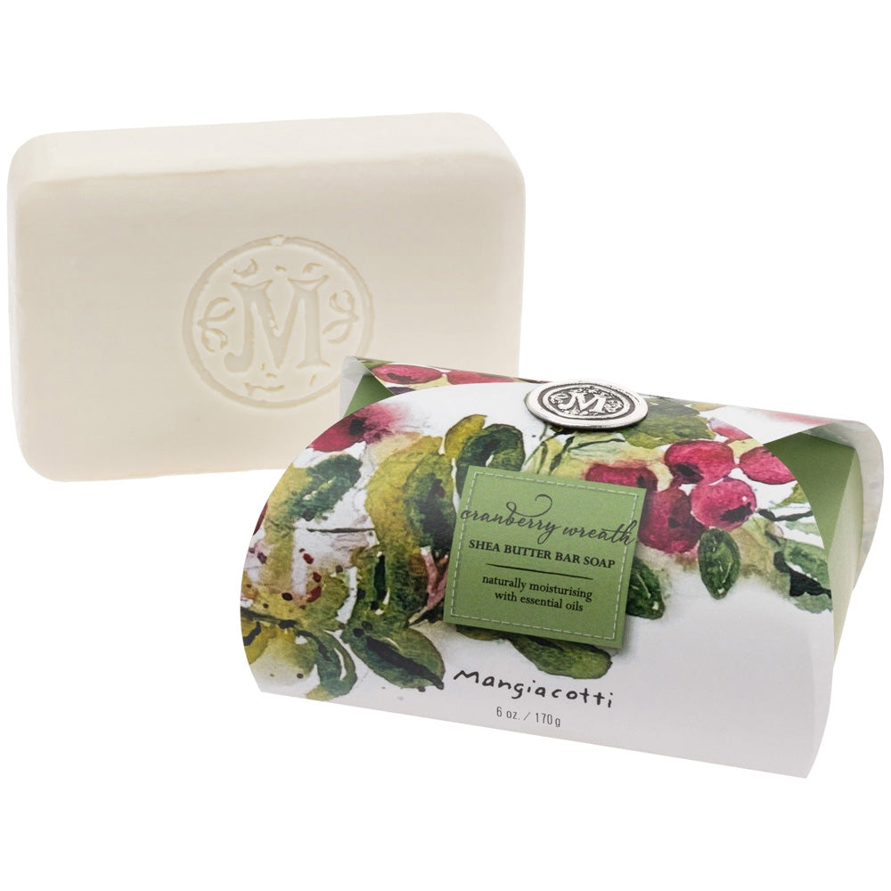Boston International Cranberry Wreath shea butter bar soap 6 oz with festive cranberry & greenery packaging, available at Be Charmed.