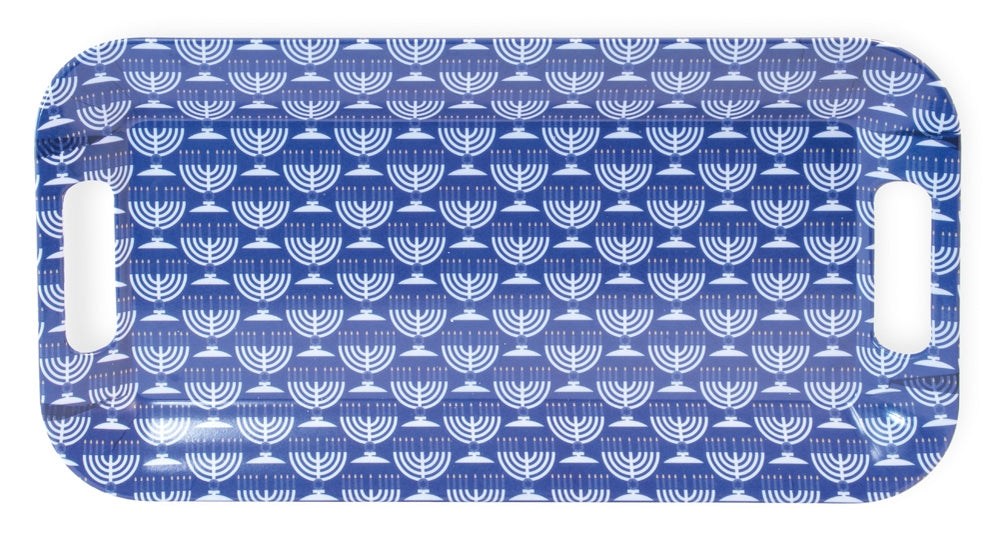 Boston International Festival of Lights melamine serving tray featuring menorah pattern and handles, food-safe and available at Be Charmed.