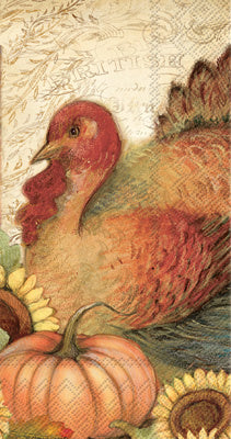 Boston International Filigree Turkey guest towels with intricate turkey and pumpkin design on 3‑ply paper, ideal for Thanksgiving tables, available at Be Charmed.