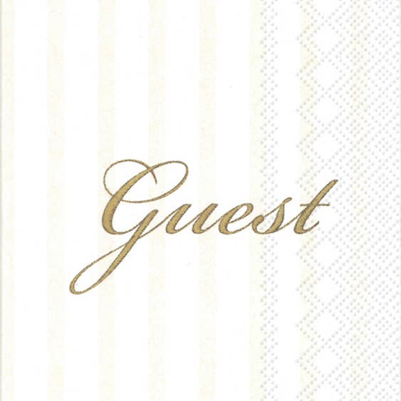 Boston International “GUEST” monogram guest towels featuring embossed “GUEST” text on decorative 3‑ply paper, available at Be Charmed for a polished guest bathroom touch.